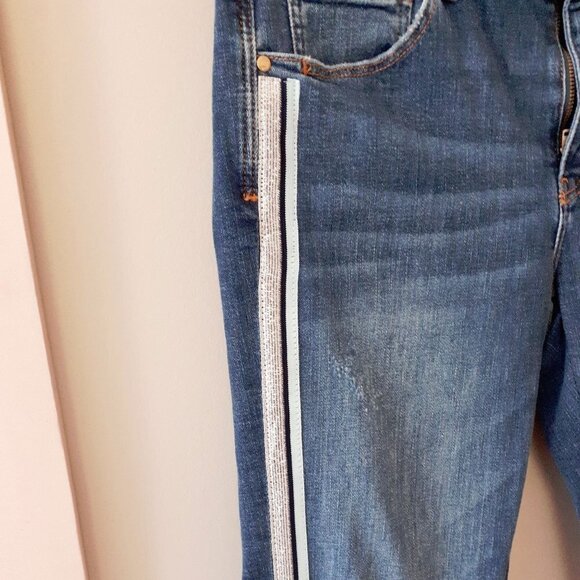 NWOT Zara blue mid-rise skinny denim jeans with sparkly racer stripe detail, 6 - Picture 7 of 9